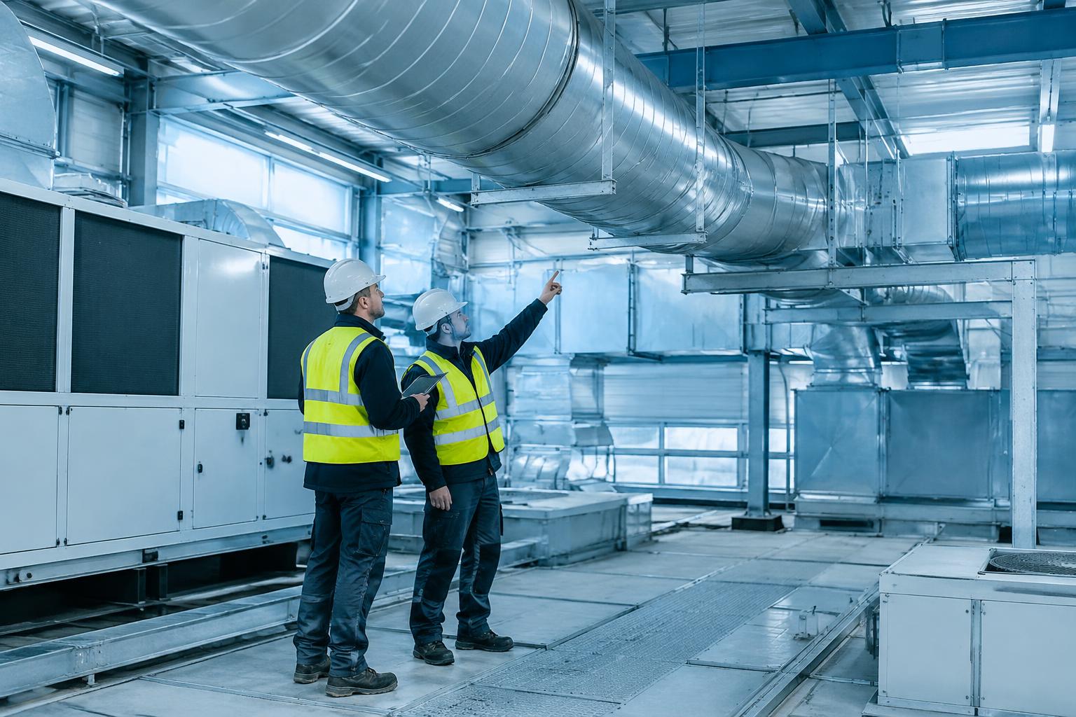 Techniker prüfen die Klimatechnik in einer Industriehalle